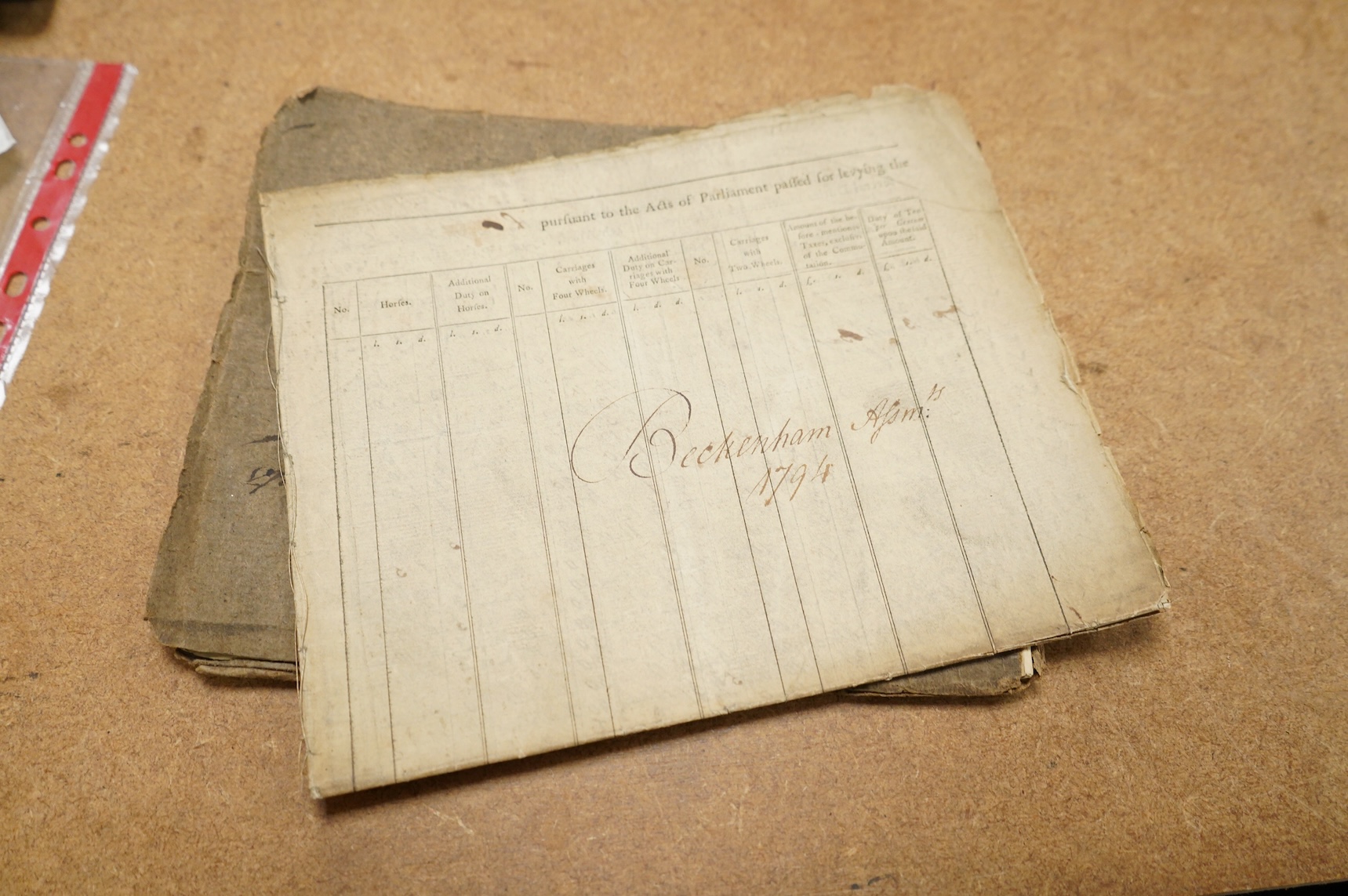 Kent General Tax Assessment Books - Bexley, 1794: contemp. wrappers (sewn), folio. ms. cover title, 16pp. headed and ruled in 18 printed columns with full ms. infill (ie. across 7 openings, signed (etc.) as previous, app